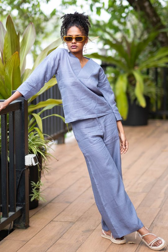 Cotton Co-ord Set with V Neck Top and Wide Leg Pants