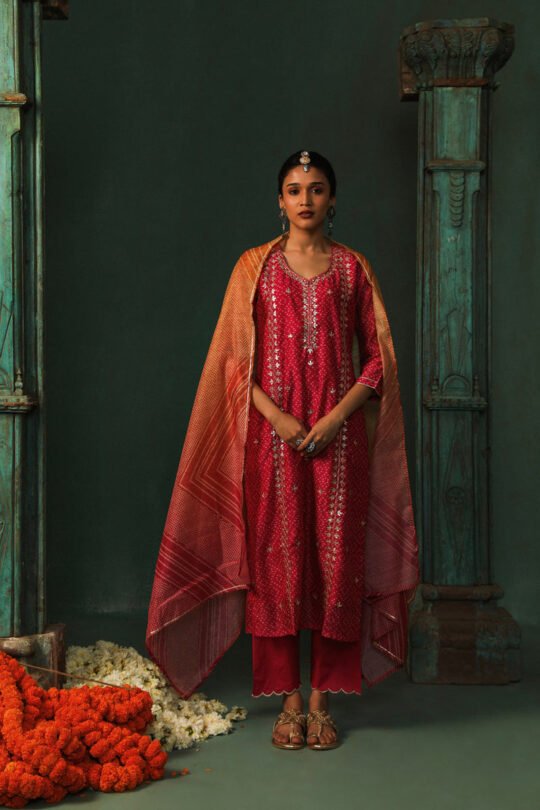 Bandhej Bagh Pink Chanderi Suit Set | HER-299