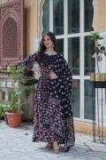 Elegant Black Ajrakh Printed Anarkali Kurta Set with Dupatta for Women | Ethnic Party & Festive Wear