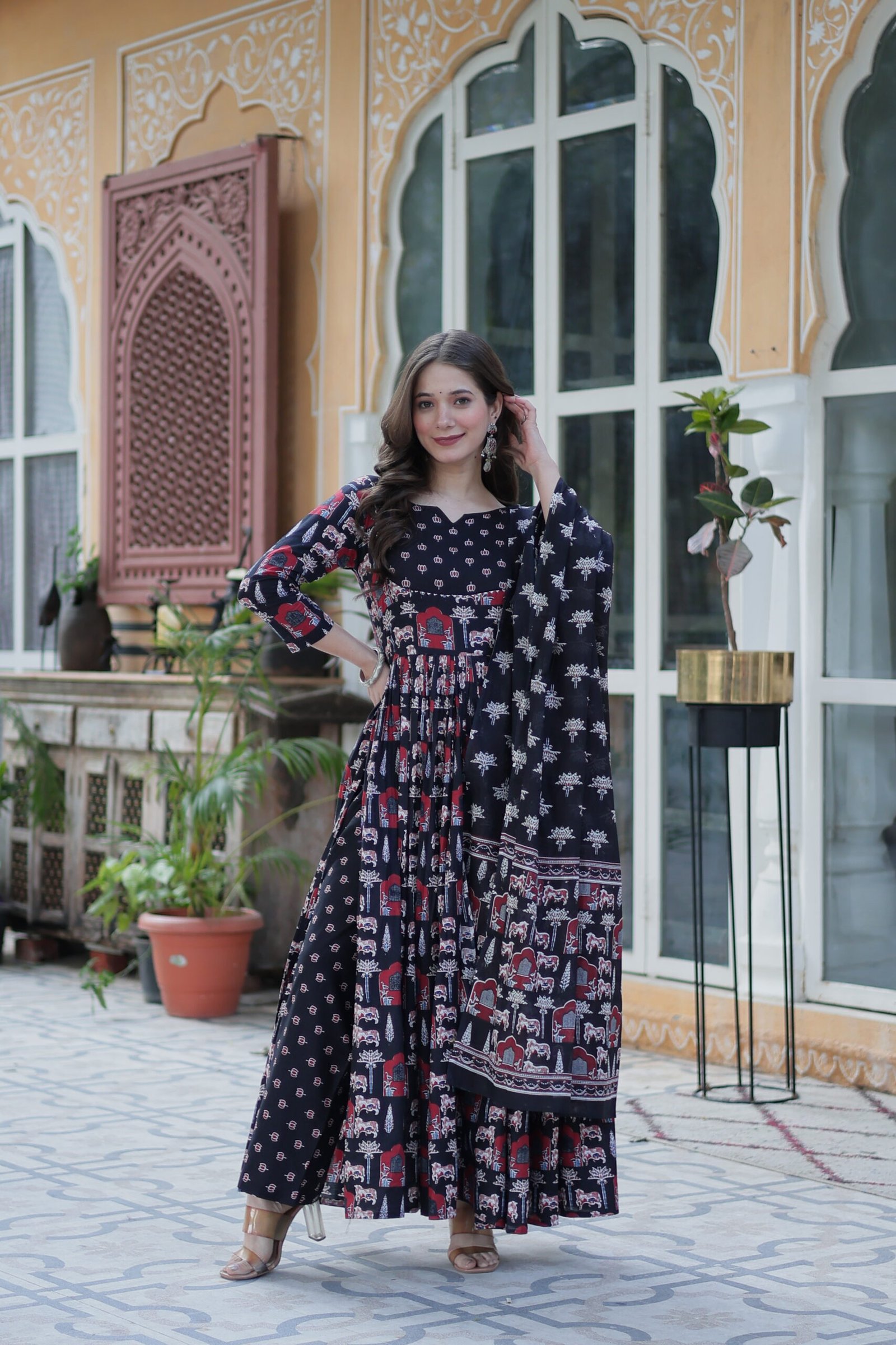 Elegant Black Ajrakh Printed Anarkali Kurta Set with Dupatta for Women | Ethnic Party & Festive Wear - Image 11