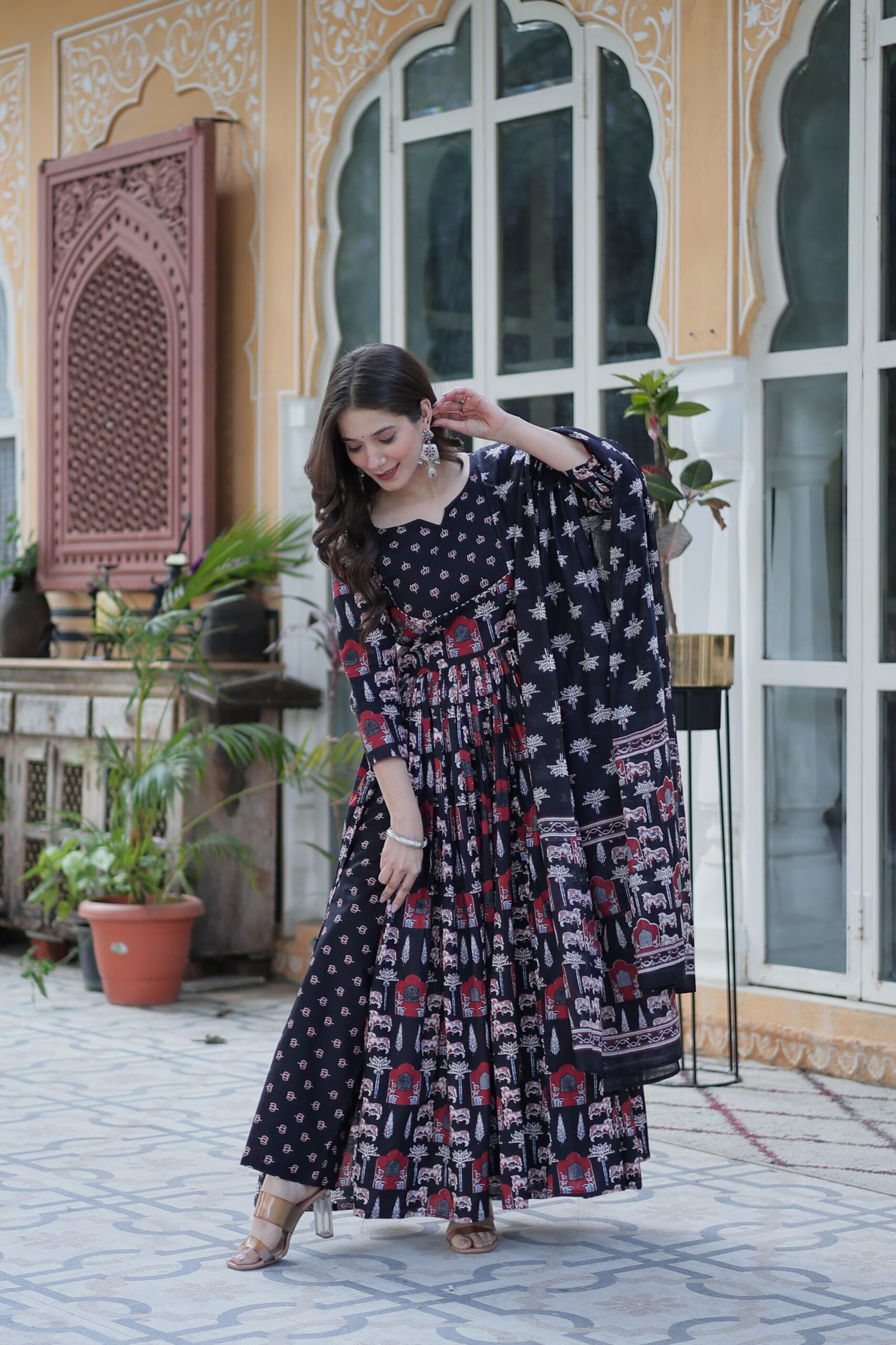 Elegant Black Ajrakh Printed Anarkali Kurta Set with Dupatta for Women | Ethnic Party & Festive Wear - Image 9