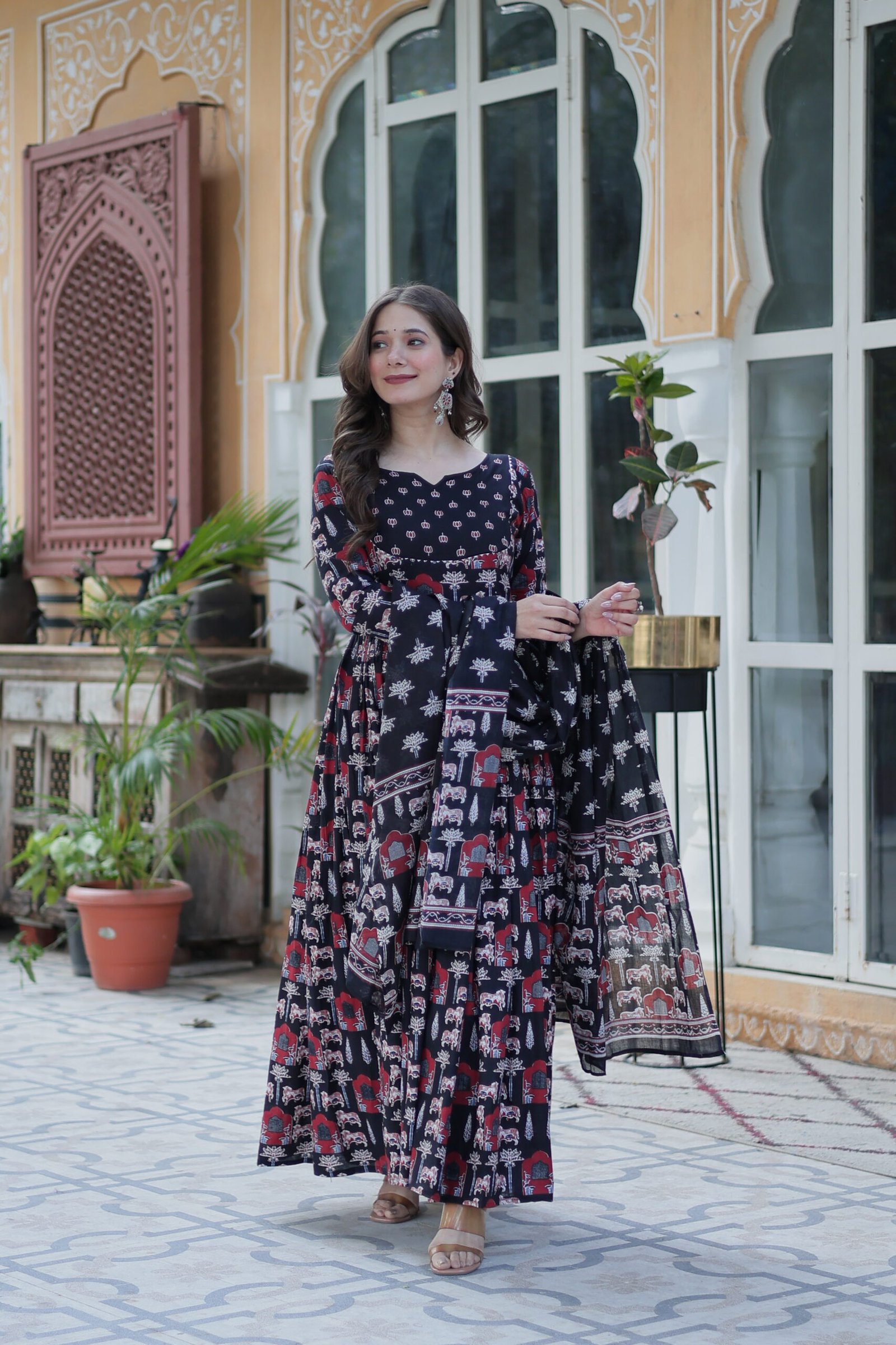 Elegant Black Ajrakh Printed Anarkali Kurta Set with Dupatta for Women | Ethnic Party & Festive Wear - Image 6