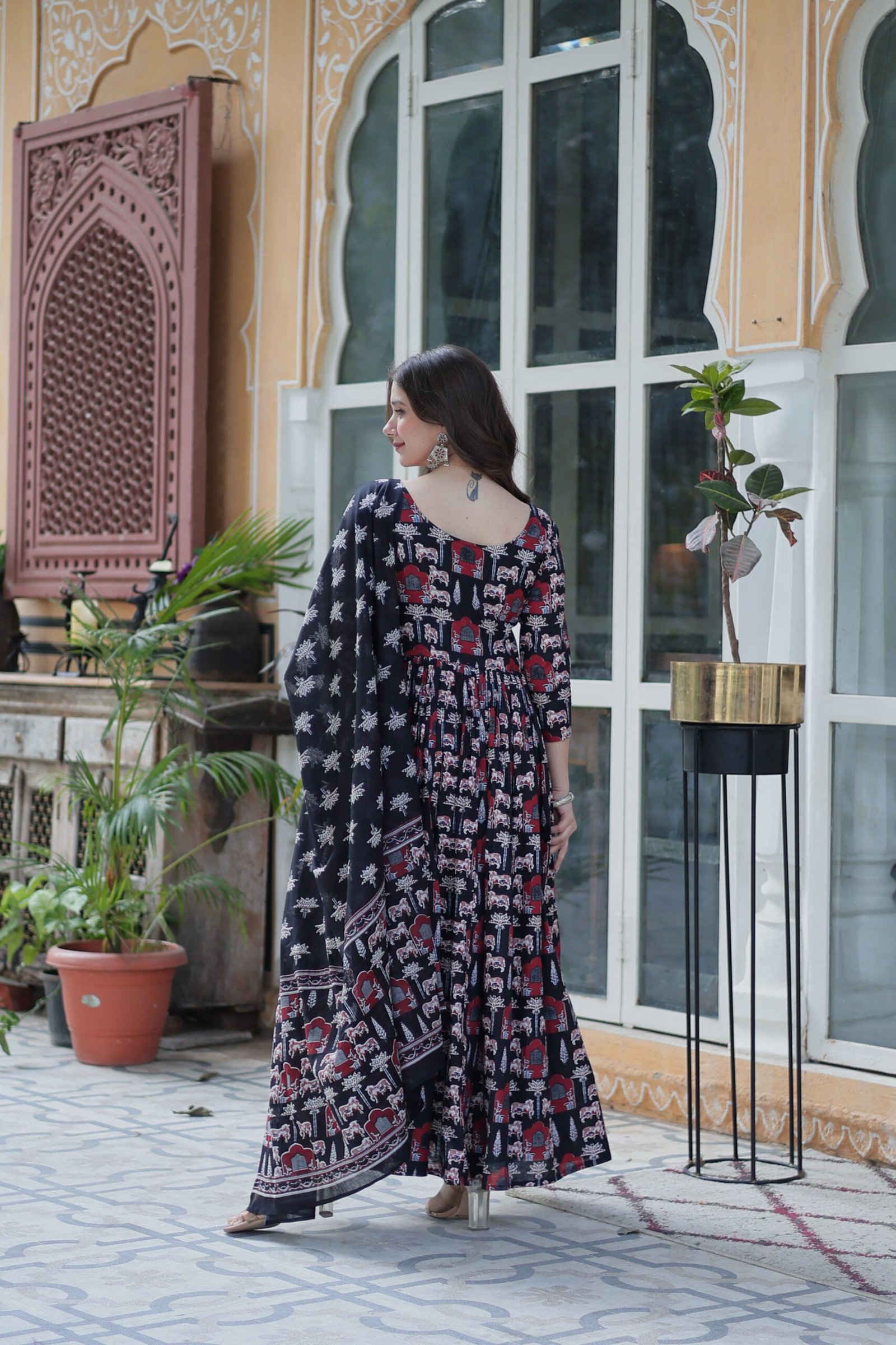 Elegant Black Ajrakh Printed Anarkali Kurta Set with Dupatta for Women | Ethnic Party & Festive Wear - Image 7
