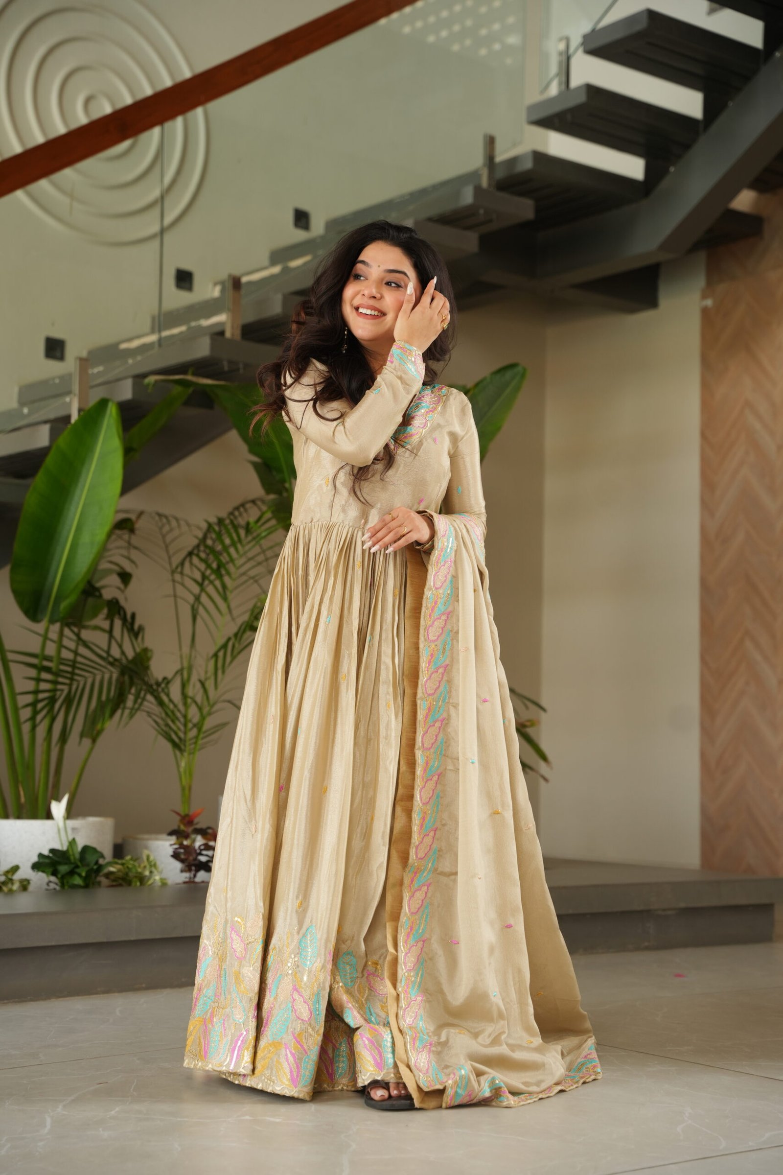 Women's Premium Embroidered Anarkali Kurta Set with Dupatta | Festive & Party Wear Ethnic Suit (Chiku/Purple) - Image 2