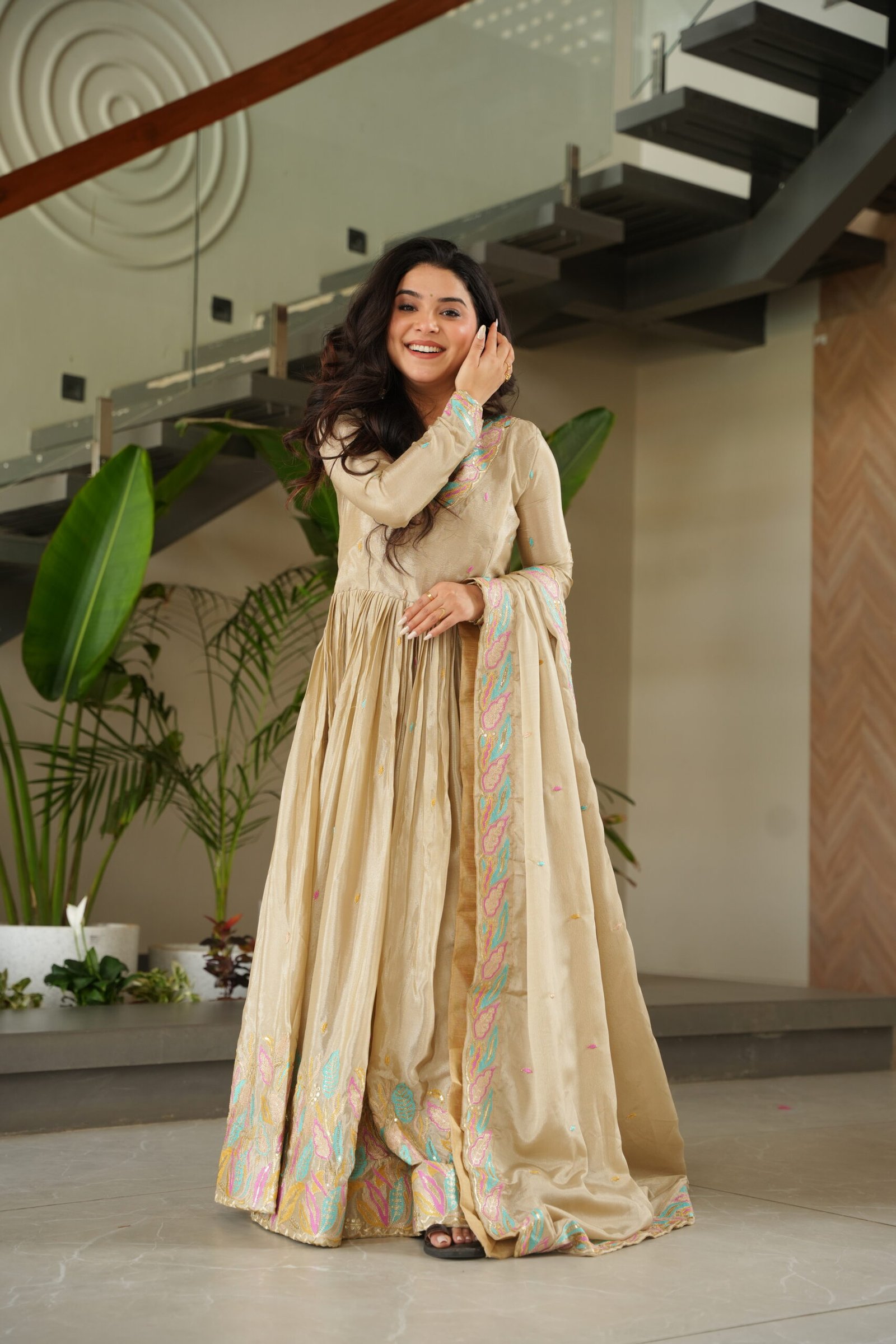 Women's Premium Embroidered Anarkali Kurta Set with Dupatta | Festive & Party Wear Ethnic Suit (Chiku/Purple) - Image 3