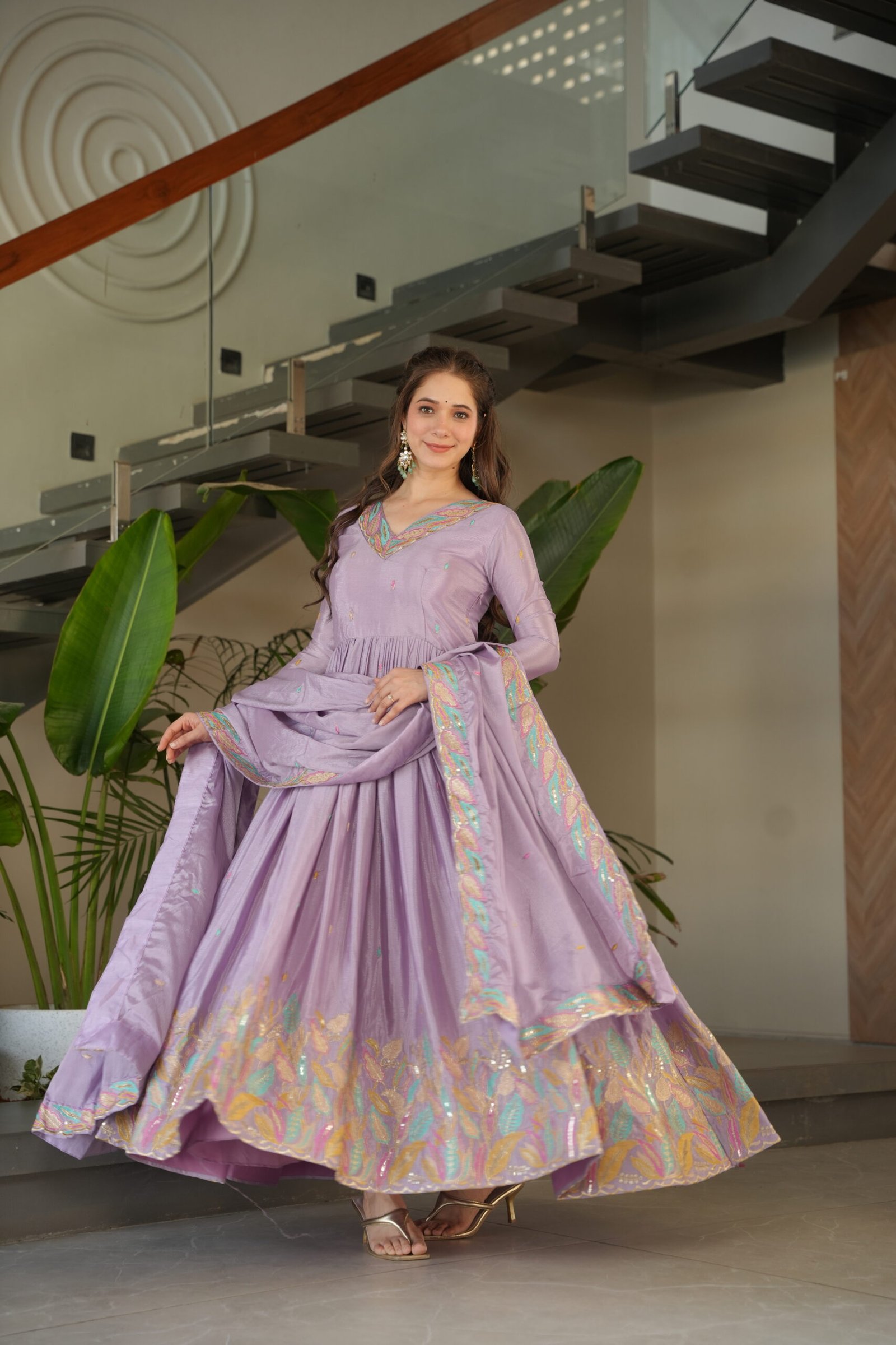 Women's Premium Embroidered Anarkali Kurta Set with Dupatta | Festive & Party Wear Ethnic Suit (Chiku/Purple) - Image 16