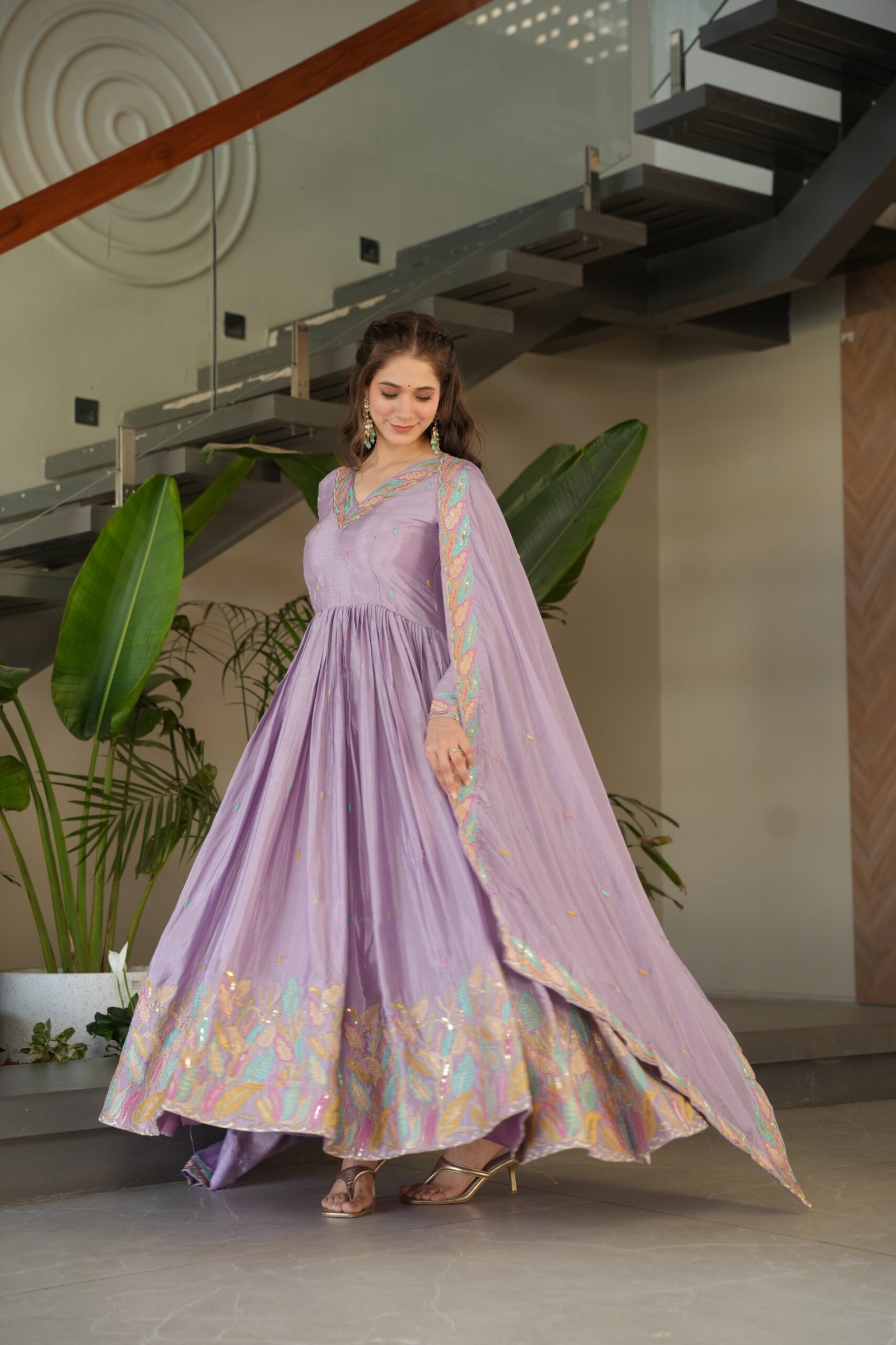 Women's Premium Embroidered Anarkali Kurta Set with Dupatta | Festive & Party Wear Ethnic Suit (Chiku/Purple) - Image 18