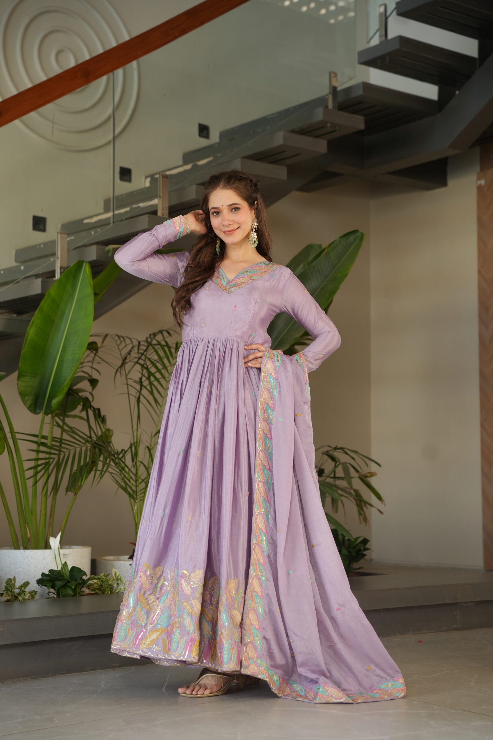 Women's Premium Embroidered Anarkali Kurta Set with Dupatta | Festive & Party Wear Ethnic Suit (Chiku/Purple) - Image 12