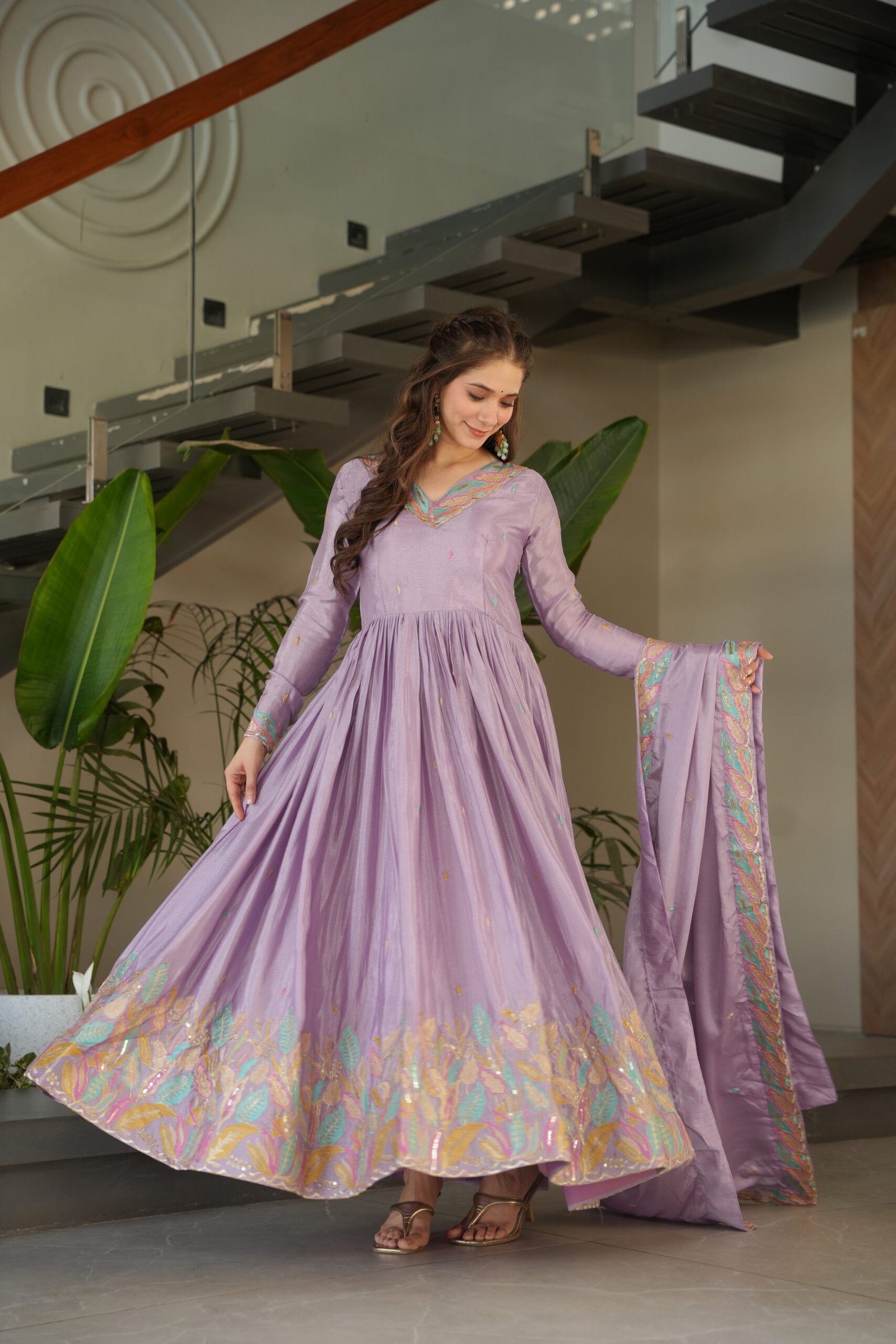 Women's Premium Embroidered Anarkali Kurta Set with Dupatta | Festive & Party Wear Ethnic Suit (Chiku/Purple) - Image 13