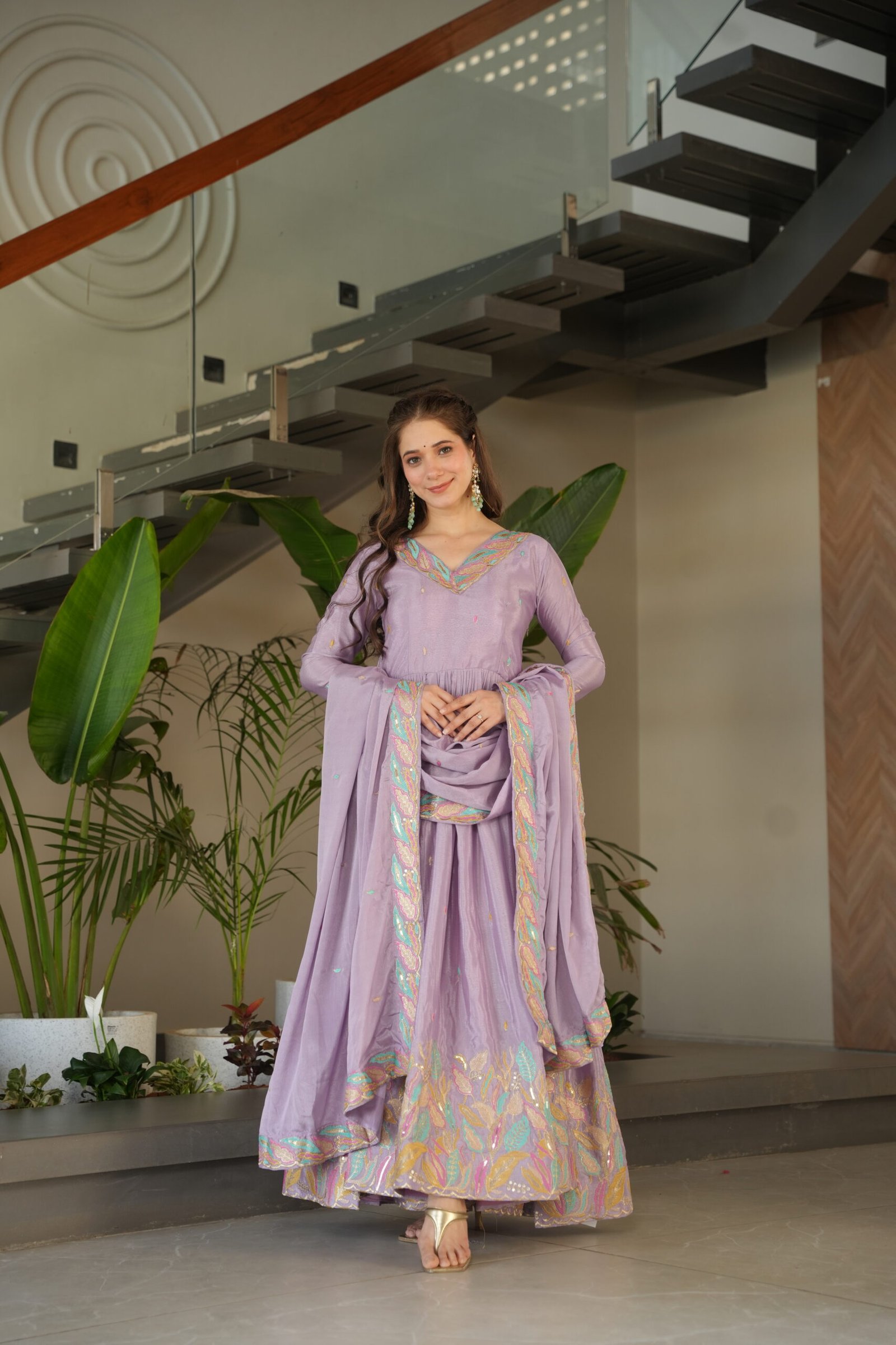 Women's Premium Embroidered Anarkali Kurta Set with Dupatta | Festive & Party Wear Ethnic Suit (Chiku/Purple) - Image 14