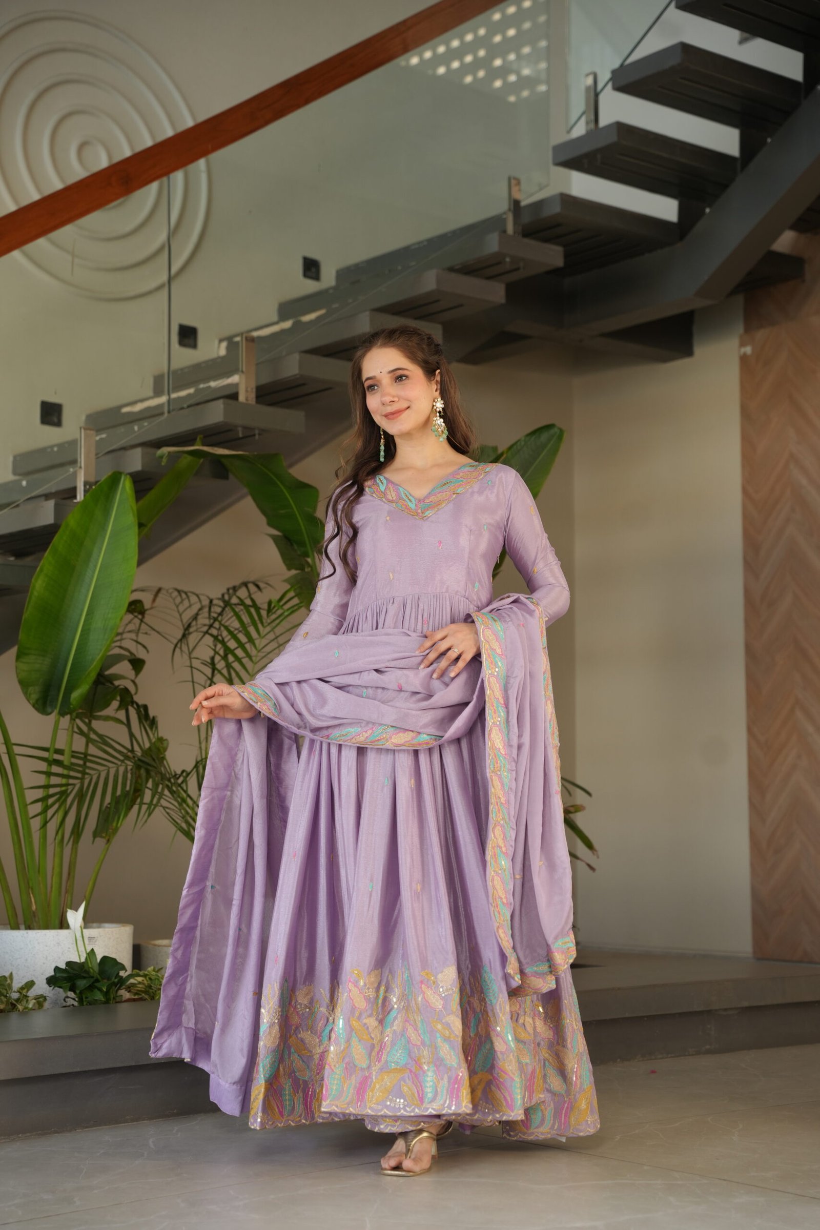 Women's Premium Embroidered Anarkali Kurta Set with Dupatta | Festive & Party Wear Ethnic Suit (Chiku/Purple) - Image 15
