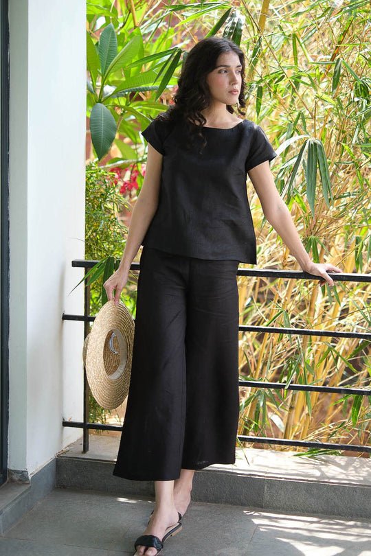 Cotton Co-ord Set with Boat Neck Top and Wide Leg Pants