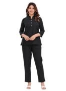 Black Cotton Co Ord Set for Women Stylish Solid Summer Kurti Pant Set Soft Linen Coord Perfect Casual Lounge Formal Office Wear