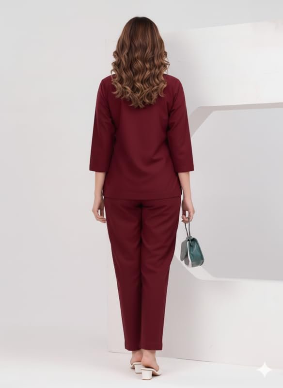 Marron Co Ord Set for Women Stylish Solid Summer Kurti Pant Set Soft Linen Coord Perfect Casual Lounge Formal Office Wear - Image 3