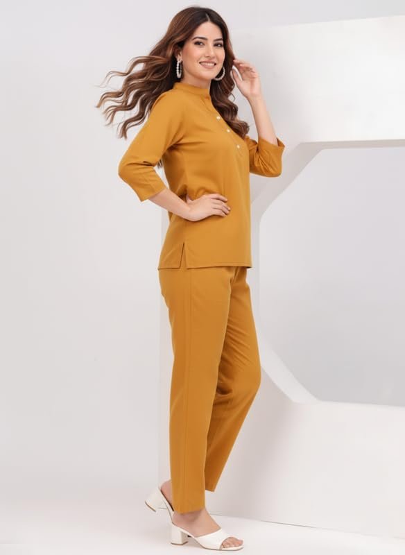 Yellow Co Ord Set for Women Stylish Solid Summer Kurti Pant Set Soft Linen Coord Perfect Casual Lounge Formal Office Wear - Image 2