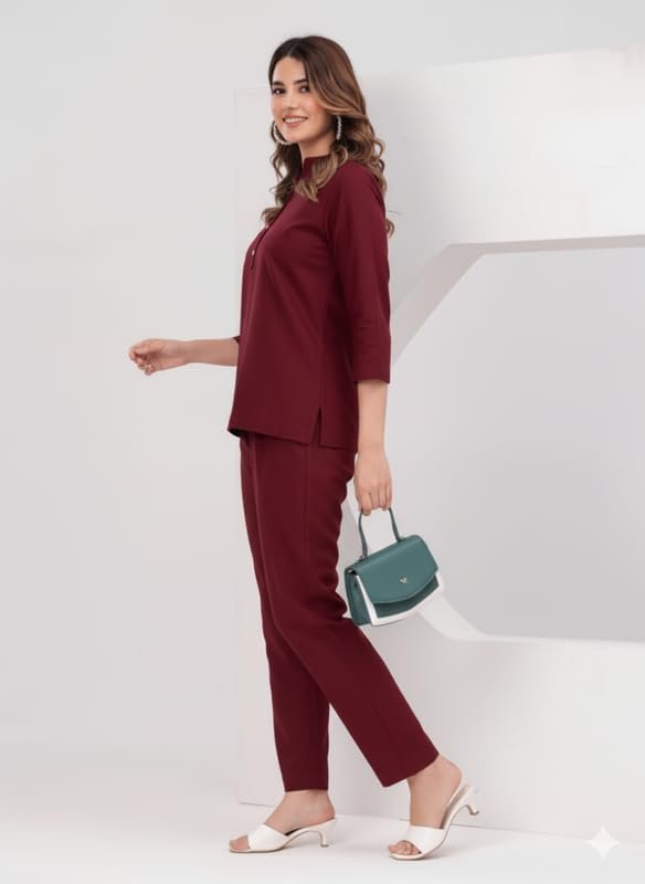 Marron Co Ord Set for Women Stylish Solid Summer Kurti Pant Set Soft Linen Coord Perfect Casual Lounge Formal Office Wear - Image 2