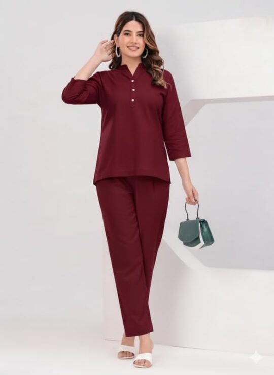 Marron Co Ord Set for Women Stylish Solid Summer Kurti Pant Set Soft Linen Coord Perfect Casual Lounge Formal Office Wear
