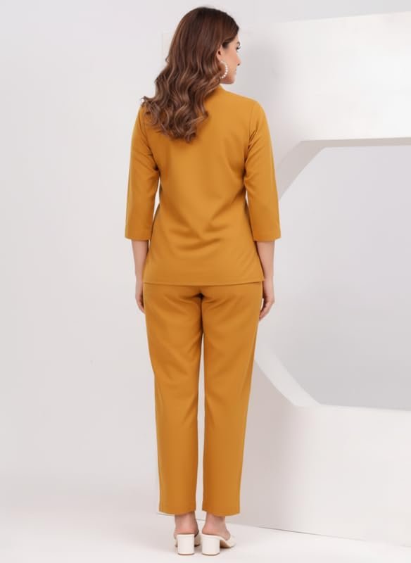 Yellow Co Ord Set for Women Stylish Solid Summer Kurti Pant Set Soft Linen Coord Perfect Casual Lounge Formal Office Wear - Image 4