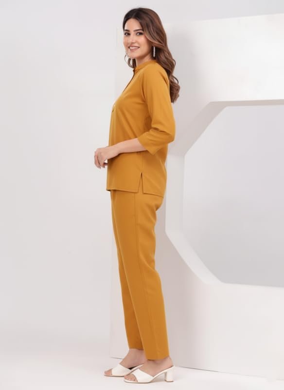 Yellow Co Ord Set for Women Stylish Solid Summer Kurti Pant Set Soft Linen Coord Perfect Casual Lounge Formal Office Wear - Image 3