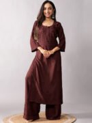 Women’s Maroon Embroidered Kurta Palazzo Set – Elegant Ethnic Wear