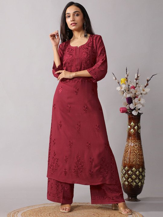 Women’s Maroon Embroidered Kurta Palazzo Set – Elegant Ethnic Wear