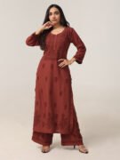 Women’s Rust Brown Embroidered Kurta Palazzo Set – Elegant Ethnic Wear