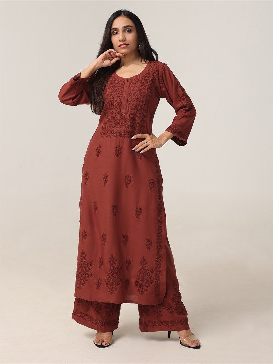 Women’s Rust Brown Embroidered Kurta Palazzo Set – Elegant Ethnic Wear