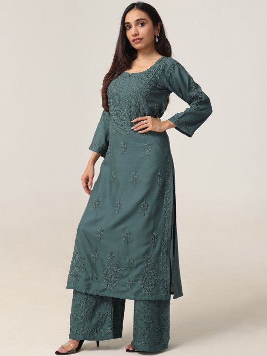 Women’s Teal Green Embroidered Kurta Palazzo Set – Elegant Ethnic Wear