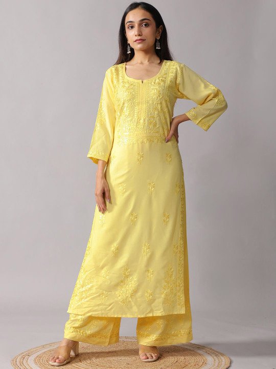 Women’s Yellow Embroidered Straight Kurta with Palazzo Set