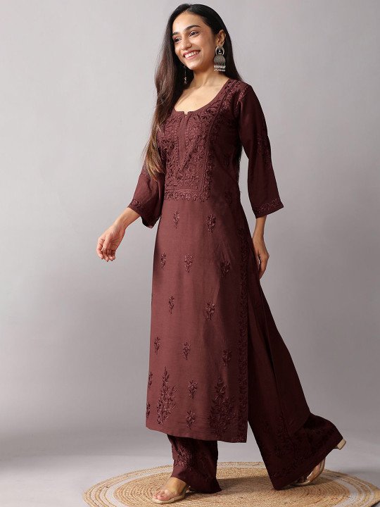 Women’s Maroon Embroidered Kurta Palazzo Set – Elegant Ethnic Wear - Image 3