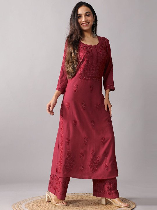 Women’s Maroon Embroidered Kurta Palazzo Set – Elegant Ethnic Wear - Image 3
