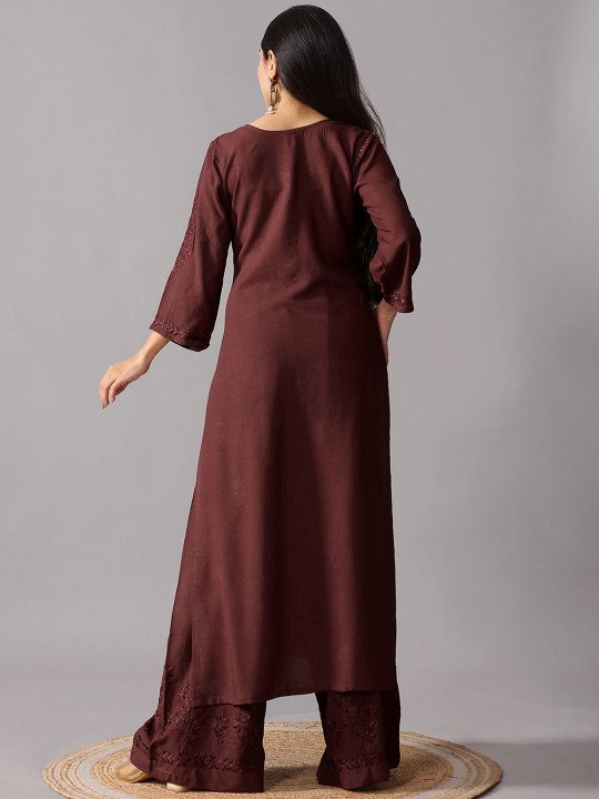 Women’s Maroon Embroidered Kurta Palazzo Set – Elegant Ethnic Wear - Image 4