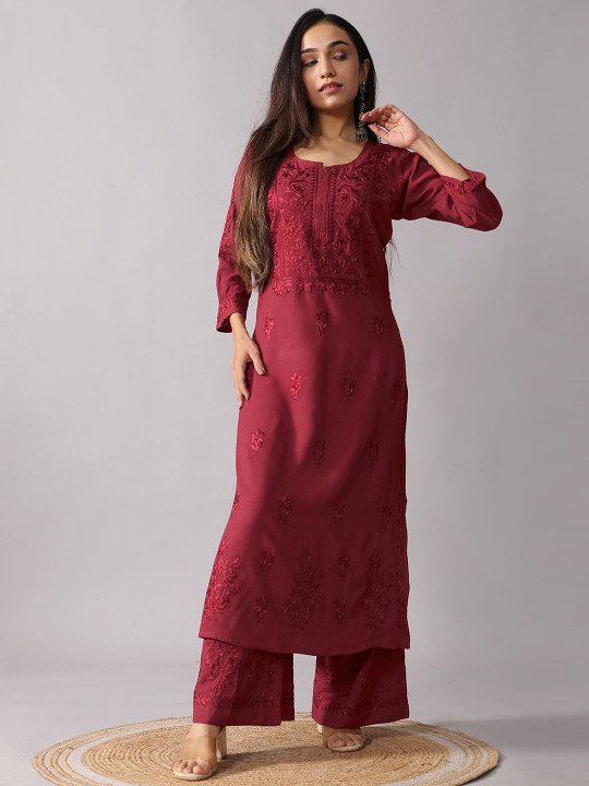 Women’s Maroon Embroidered Kurta Palazzo Set – Elegant Ethnic Wear - Image 4