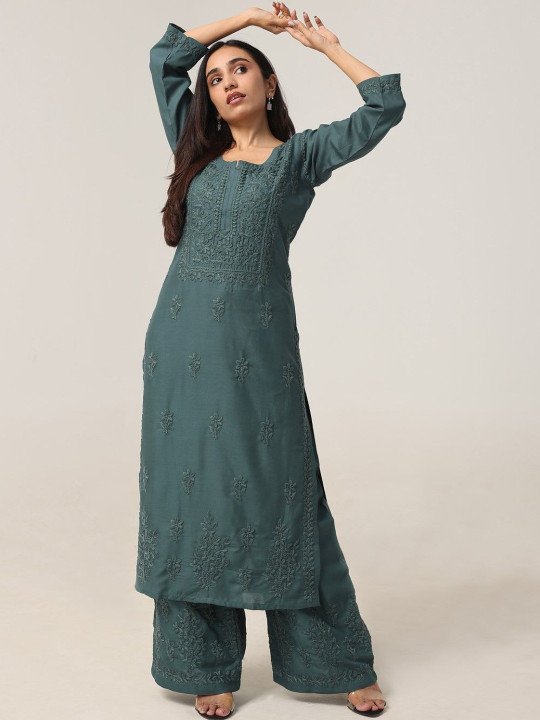 Women’s Teal Green Embroidered Kurta Palazzo Set – Elegant Ethnic Wear - Image 4