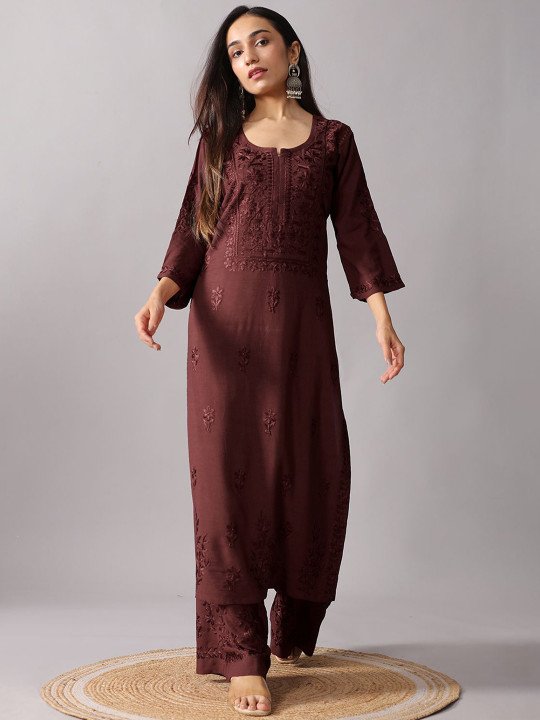 Women’s Maroon Embroidered Kurta Palazzo Set – Elegant Ethnic Wear - Image 5