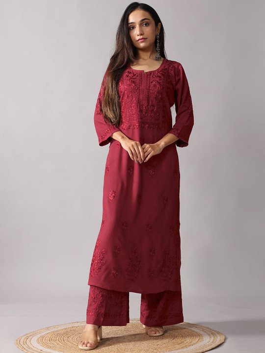 Women’s Maroon Embroidered Kurta Palazzo Set – Elegant Ethnic Wear - Image 5