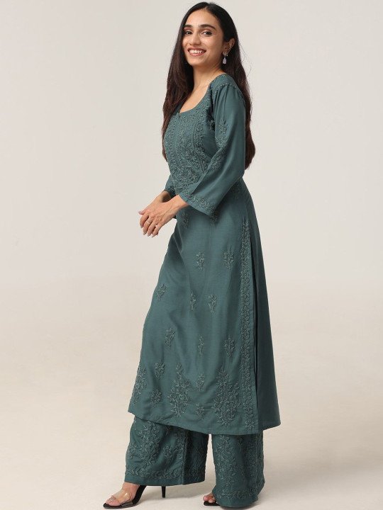 Women’s Teal Green Embroidered Kurta Palazzo Set – Elegant Ethnic Wear - Image 6