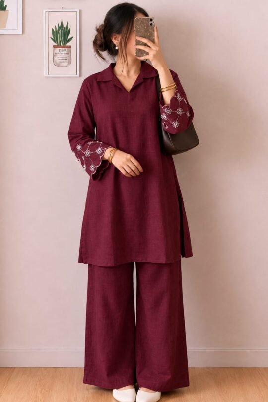 Women’s Wine Embroidered Sleeve Kurta Pant Set