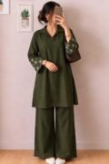 Women’s Olive Green Embroidered Sleeve Kurta Pant Set