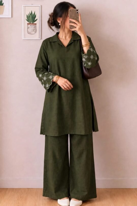Women’s Olive Green Embroidered Sleeve Kurta Pant Set