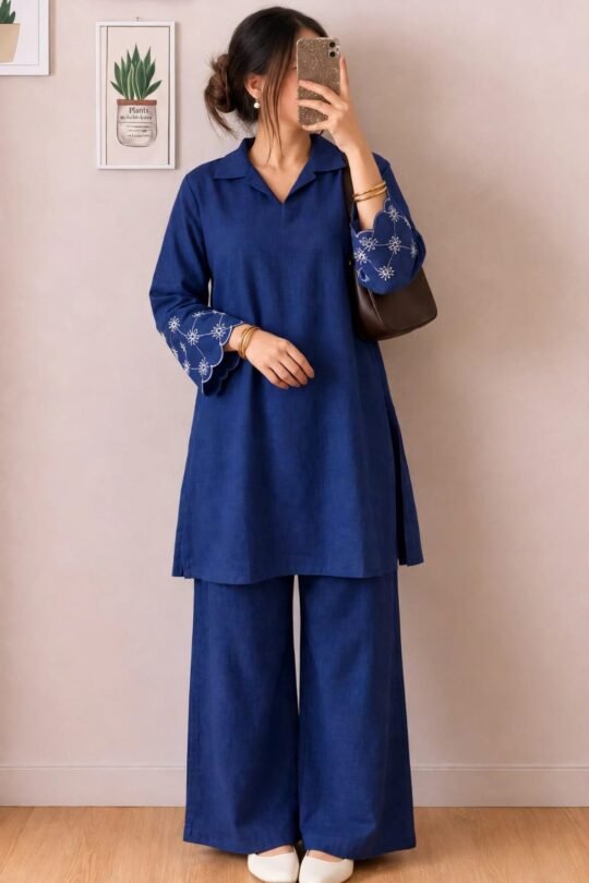 Women’s Navy Blue Embroidered Sleeve Kurta Pant Set