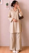 Women’s Beige Embroidered Sleeve Kurta Pant Set