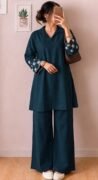 Women’s Teal Blue Embroidered Sleeve Kurta Pant Set