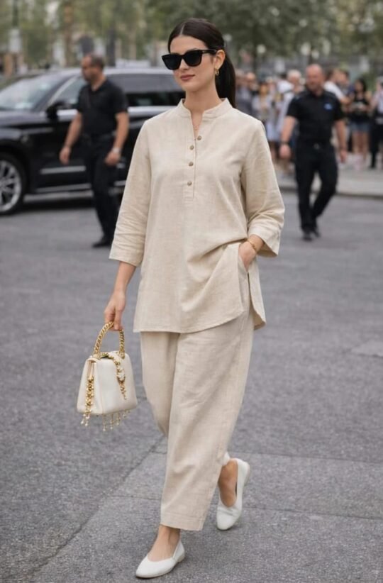 Women’s Beige Linen-Style Kurta Pant Cord Set