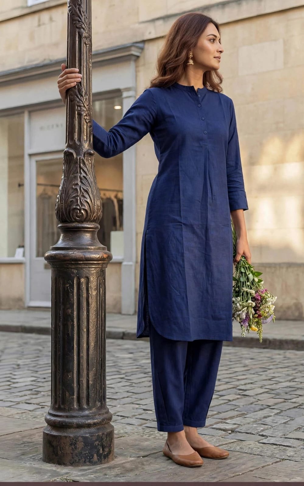 Women’s Navy Blue Kurta Pant Co-Ord Set | Solid Straight Kurta & Matching Pants - Image 2