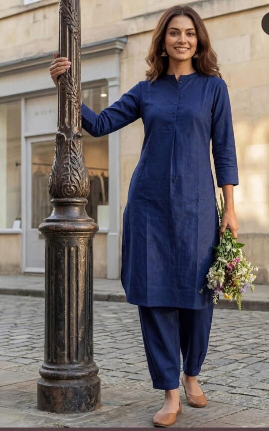 Women’s Navy Blue Kurta Pant Co-Ord Set | Solid Straight Kurta & Matching Pants