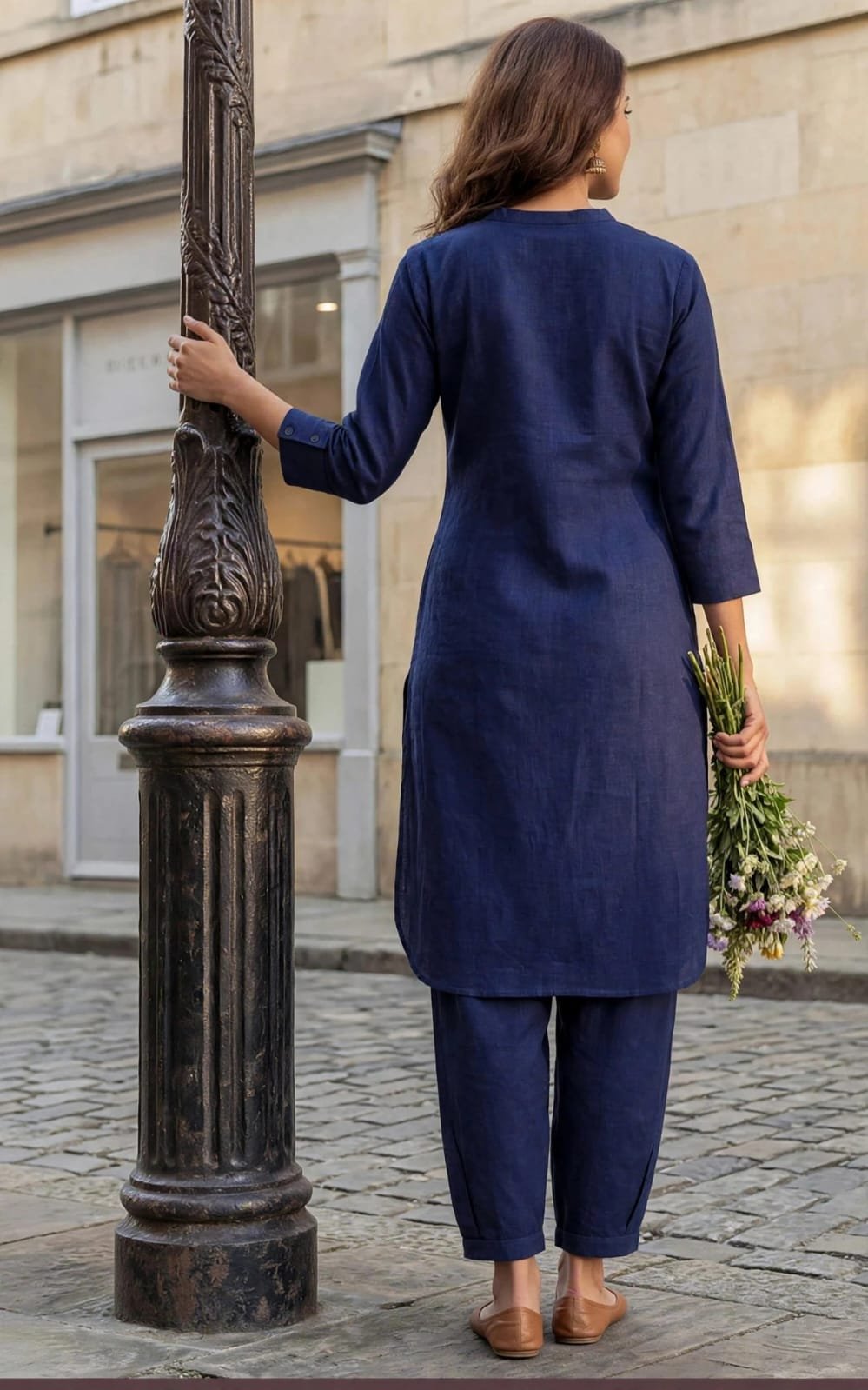 Women’s Navy Blue Kurta Pant Co-Ord Set | Solid Straight Kurta & Matching Pants - Image 3