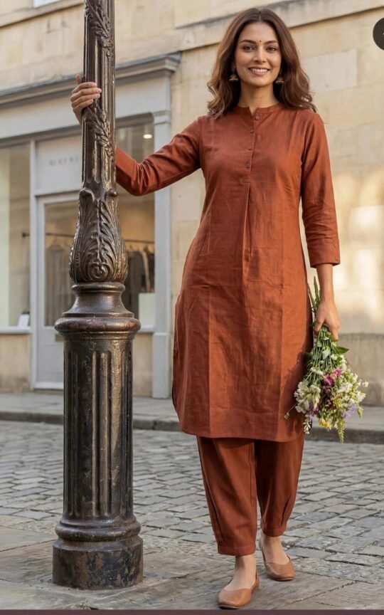 Women’s Rust Brown Solid Kurta Pant Cord Set