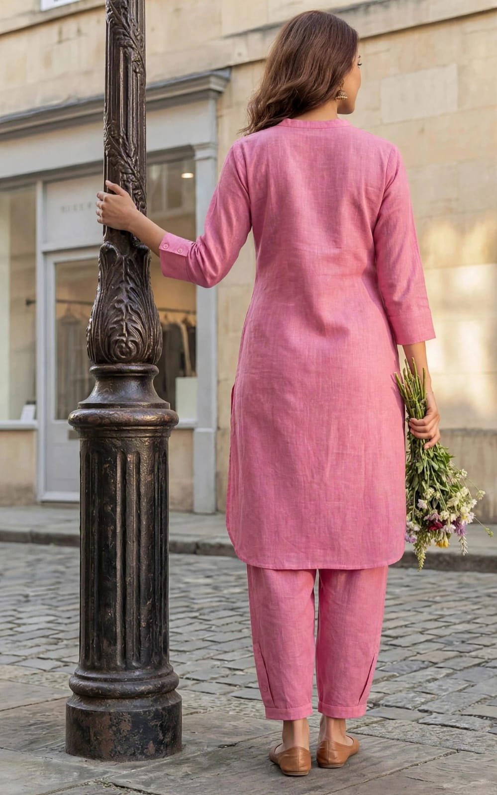 Women’s Pink Cotton Blend Kurta Pant Co-Ord Set | Solid Straight Kurta with Matching Pants - Image 2