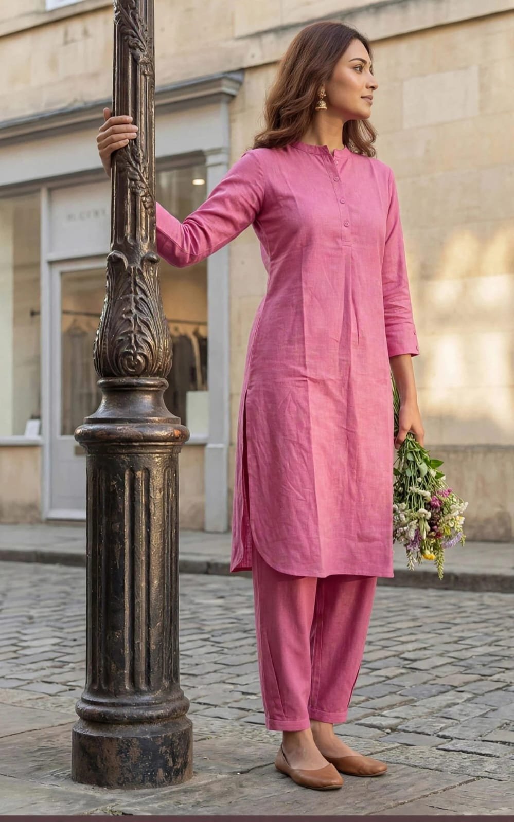 Women’s Pink Cotton Blend Kurta Pant Co-Ord Set | Solid Straight Kurta with Matching Pants - Image 3
